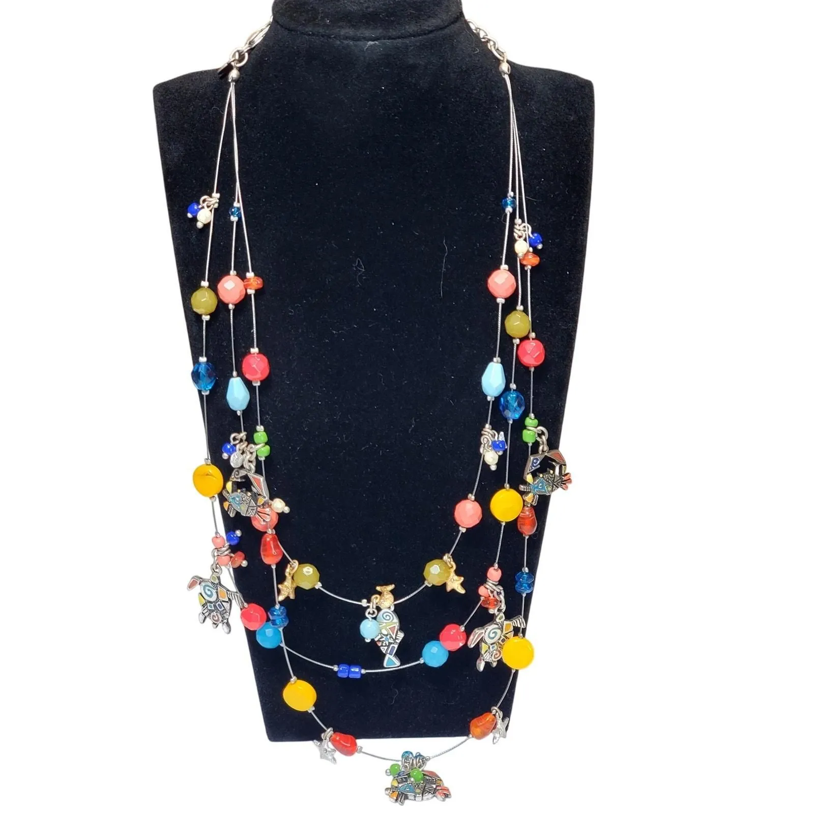 Product image for Chicos Triple Strand Bead Dangle Charm Necklace Turtle Crab Fish Beachy Surf 16" - 16" - Necklace - pre-owned---excellent