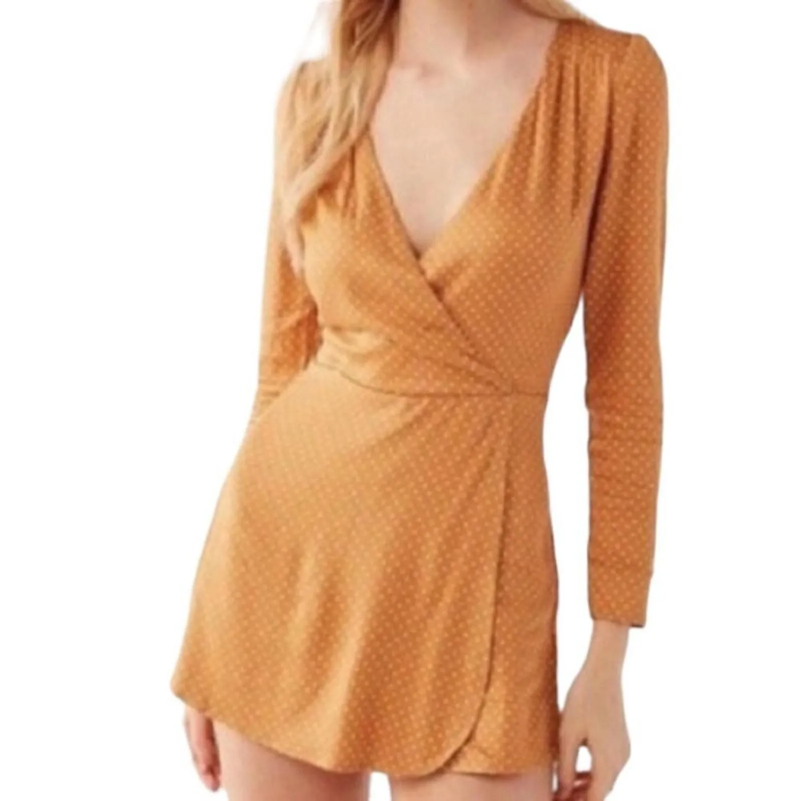 Product image for Urban Outfitters Gold White Polka-Dot Long Sleeve Faux Wrap Romper Size S - new-without-tags - Urban Outfitters