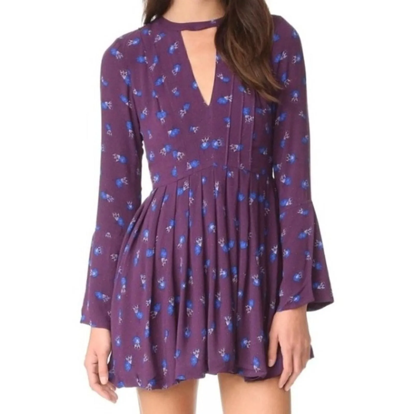 Product image for Free People Purple Floral Print Long Sleeve Women's Tegan Mini Dress Size 2 - new-without-tags - Free People
