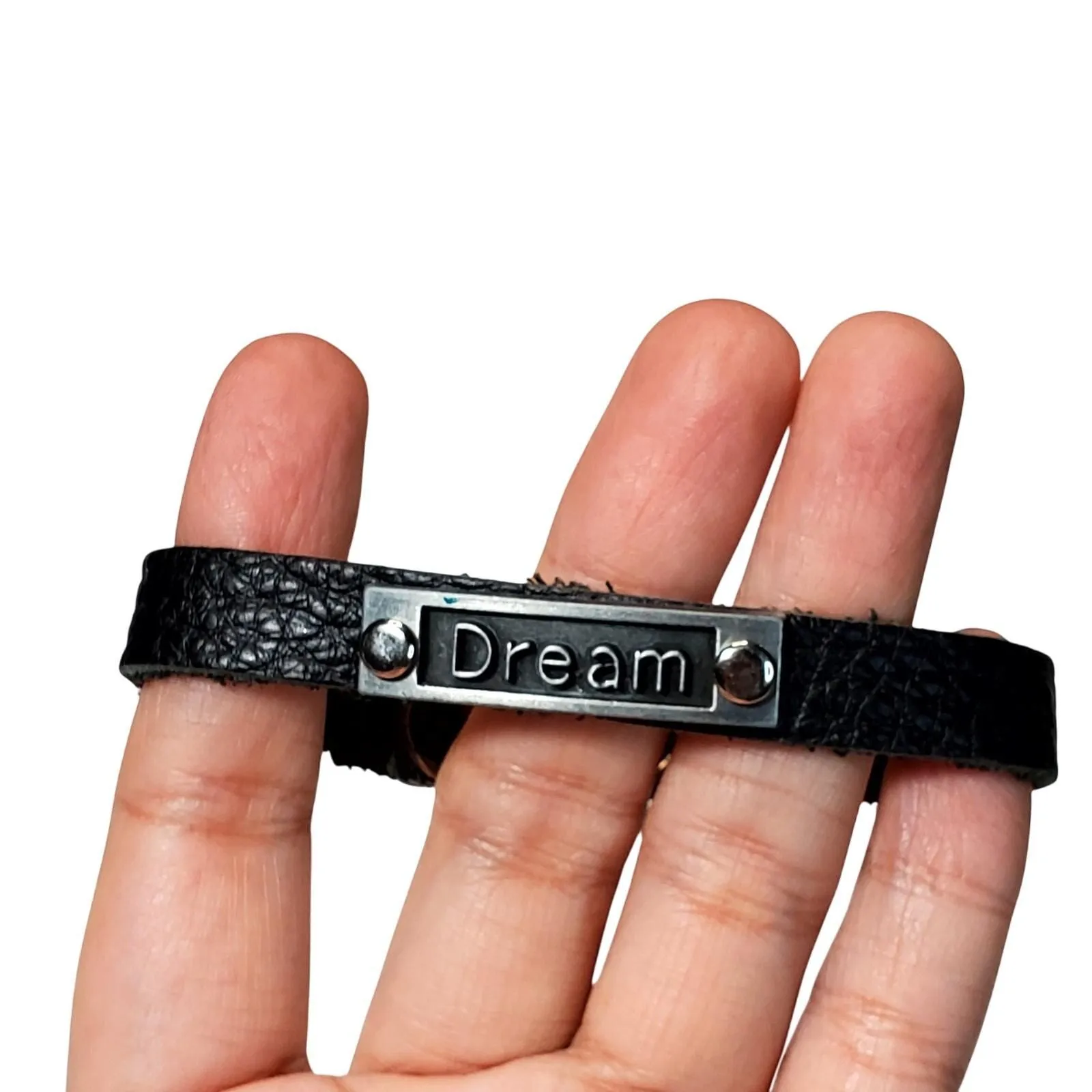 Product image for Pearl Snap Leather Strap Silver Tone Dream Plaque Bracelet 8" - Bracelet - Less Than 5 in - pre-owned---excellent