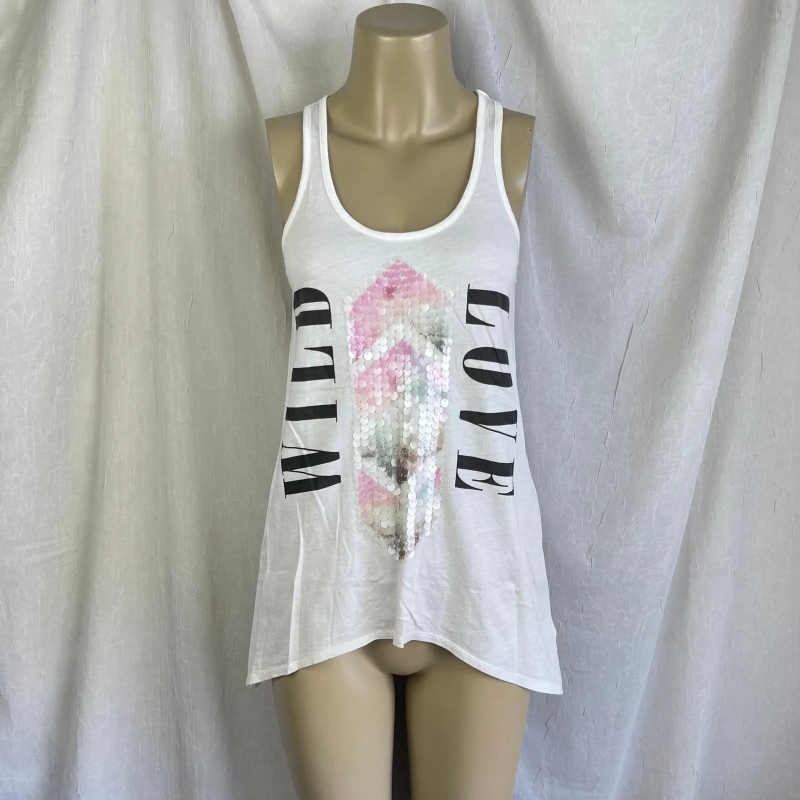 Product image for Express Wild Love Sequin Flowy Tunic Tank Top White Sheer Back Pastel Black Size XS - XS - Tops - pre-owned---good - Express