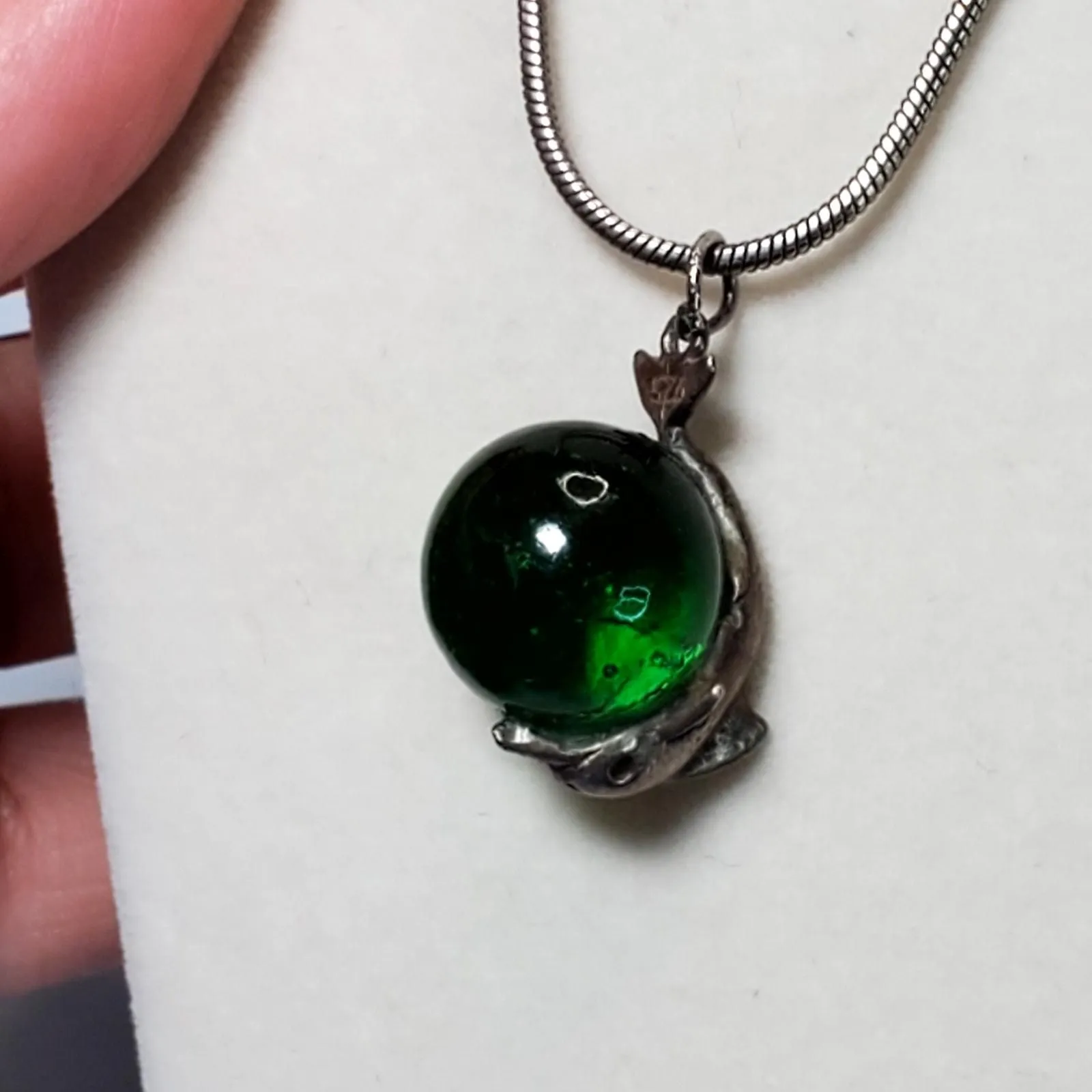 Product image for 925 Dolphin Wrapped Around Green Glass Ball Charm 16" Necklace Retro - 16" - Necklace - pre-owned---excellent