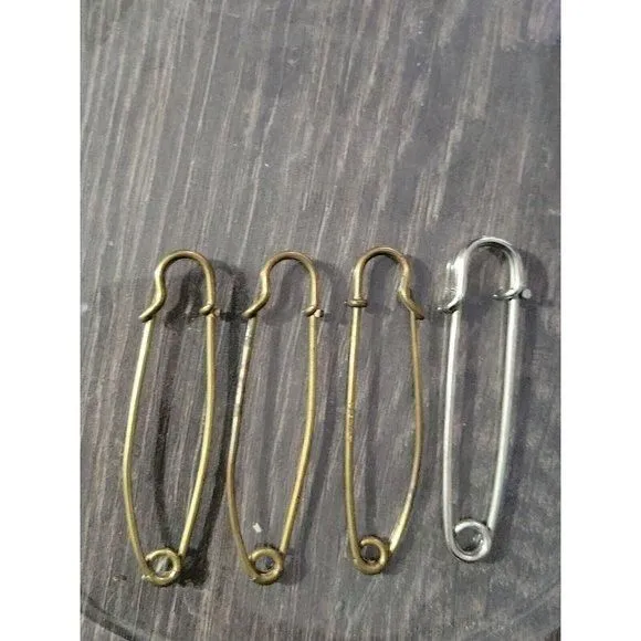 Product image for 4 Piece Brass And Silver Tone Kilt  Cloak Pin Safety Pin 3 Inch Vintage