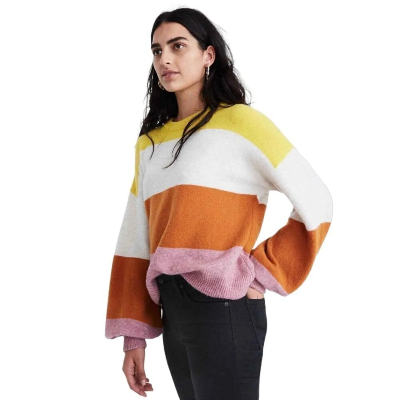 Product image for Madewell Striped Gladwell Balloon Sleeve Wool Alpaca Blend Pullover Sweater M - new-without-tags - Madewell
