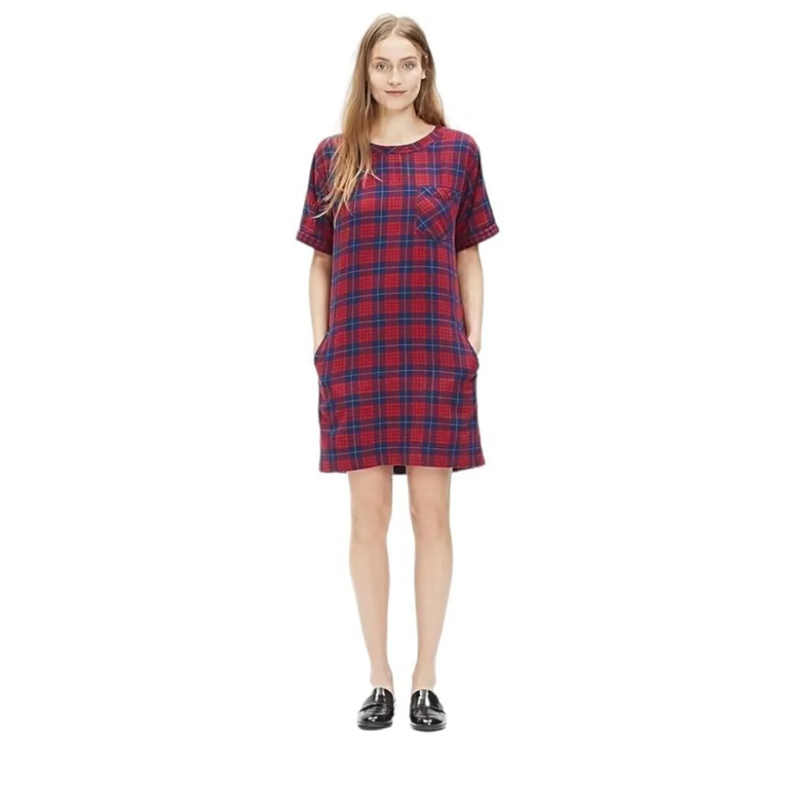 Product image for Madewell Red Blue Edina Plaid Short Sleeve Round Neck Mini Shirt Dress Size XS - new-without-tags - Madewell