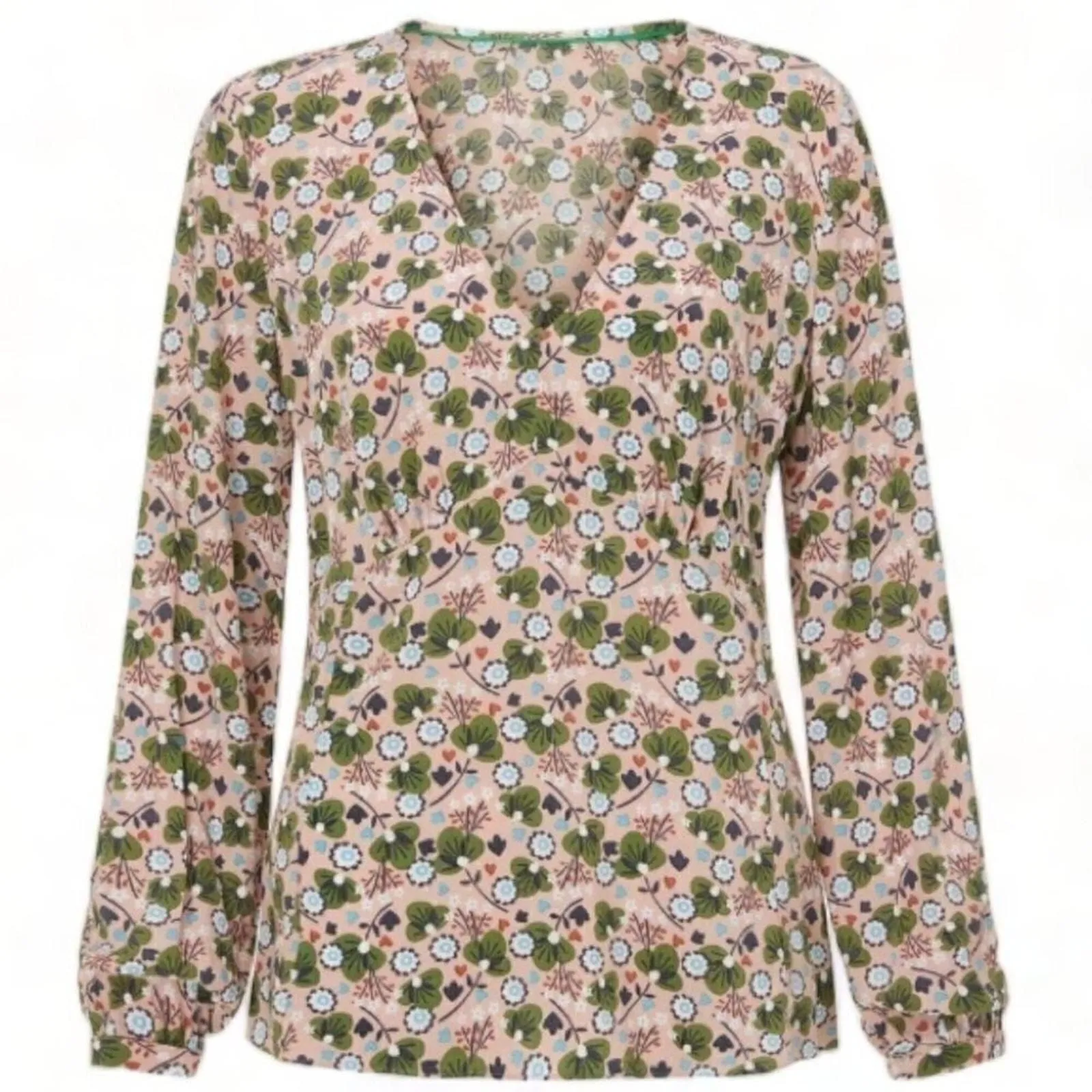 Product image for Boden Viola Pink Green Floral Print Long Sleeve V-Neckline Boho Top Blouse 10 - new-without-tags - Boden
