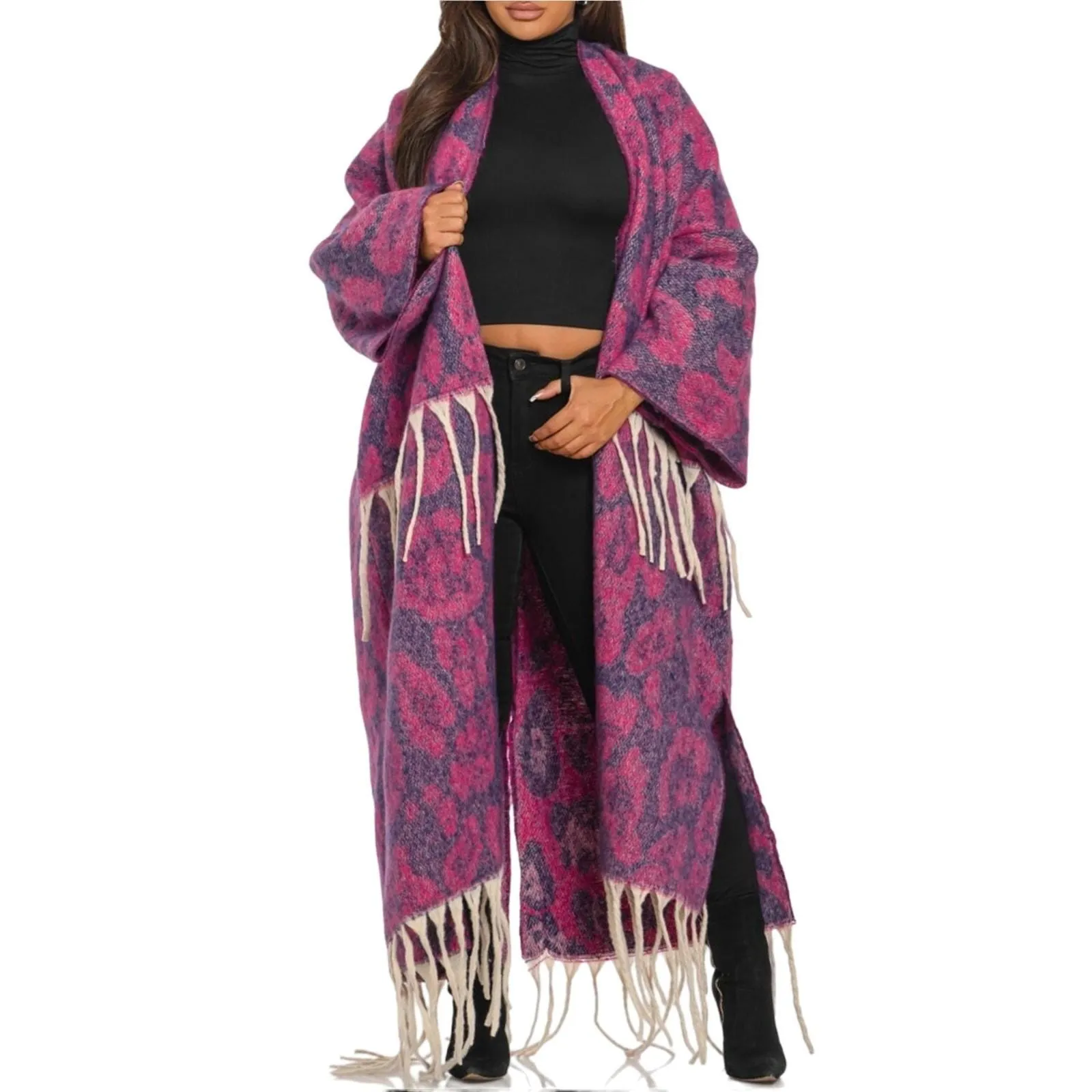 Product image for Purple Blanket Kimono ONE SIZE Cardigan Western Cowgirl Longline Fringe Duster - One Size - 999 - Sweaters - new-with-tags - Love Sense