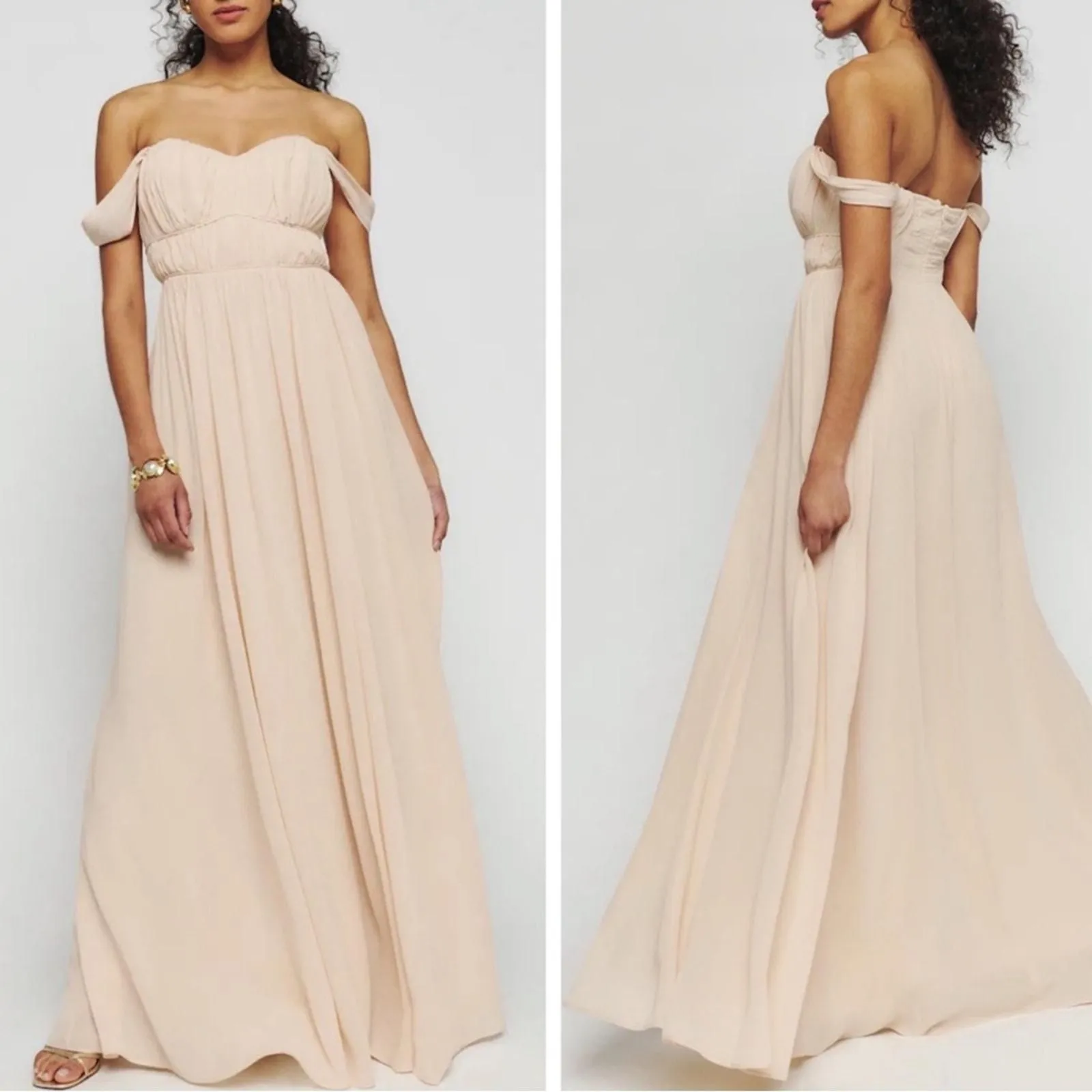 Reformation Jayde Off the Shoulder Ruched Prosecco Maxi Dress Size 6 -  Reformation  Whatnot: Shop, Sell, Connect