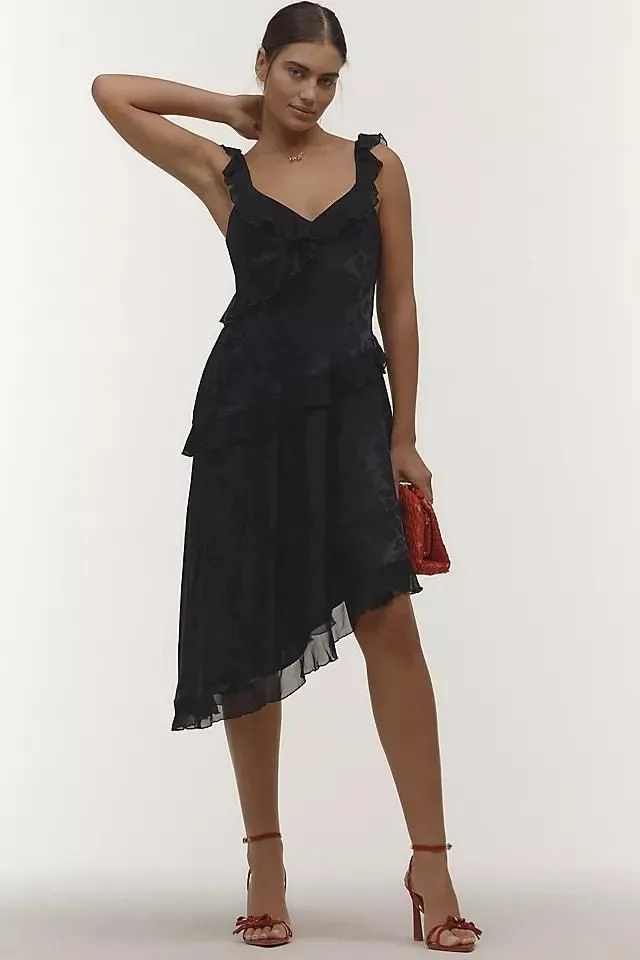 anthropologie black ruffle dress Halter Ruffle Asymmetrical Midi Dress