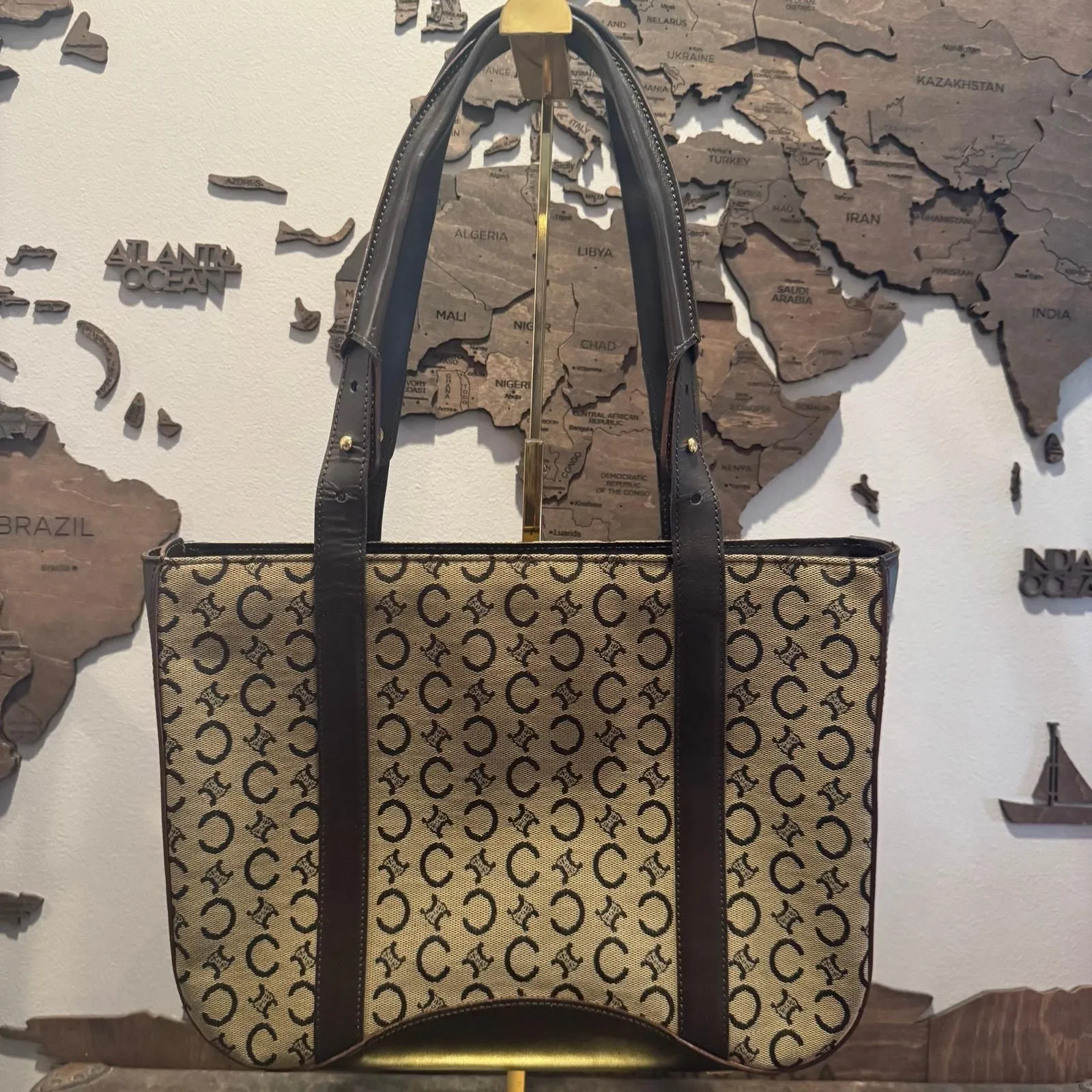 Product image for 657 Celine Brown C Macadam Canvas Leather Zipper Tote Handbag Shoulder Bag