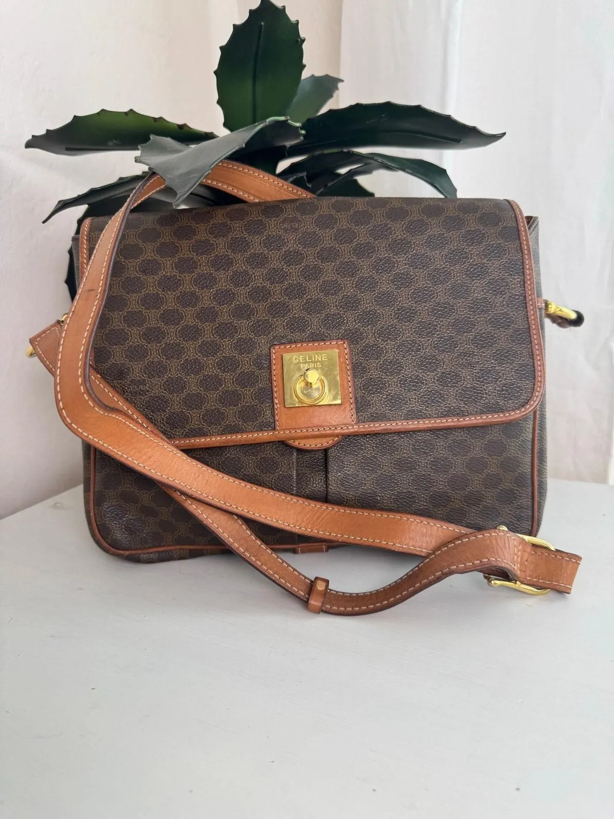 Product image for 655 Celine Vintage Brown Macadam Canvas Flap Crossbody Bag GHW