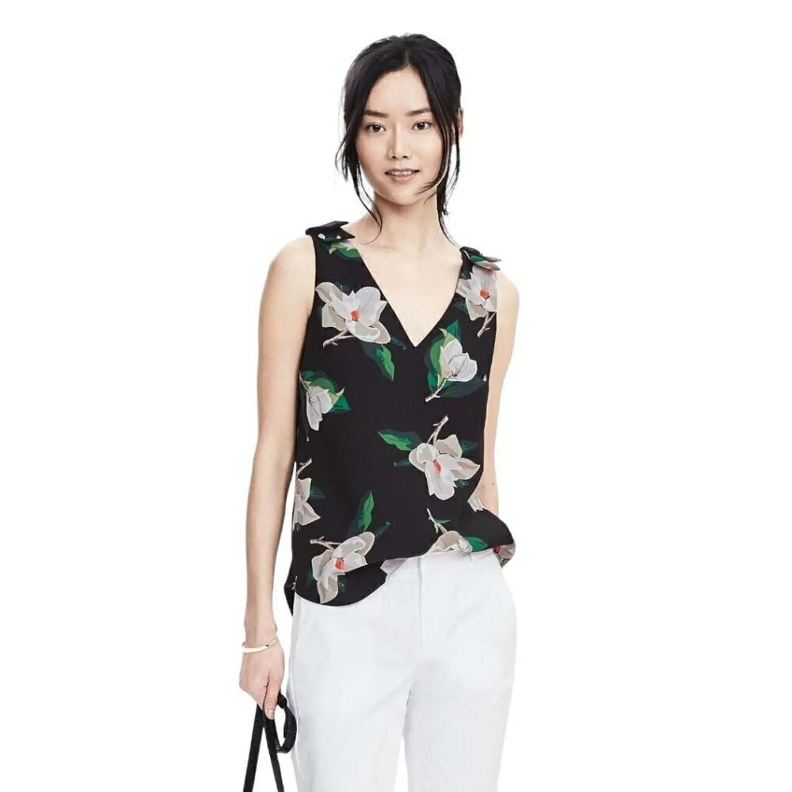 Product image for Banana Republic Black Floral Print Sleeveless V-Neck & Back Blouse Size XS - new-without-tags - Banana Republic