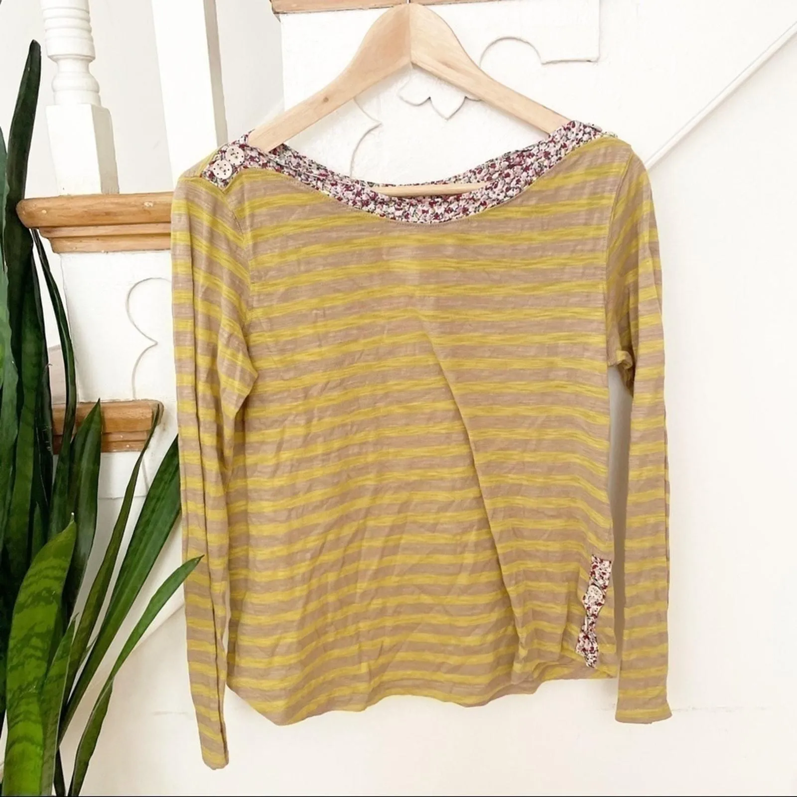 Product image for Anthropologie Postmark Yellow Striped Long Sleeve Floral Trim Cotton-Blend Top - new-without-tags - Anthropologie