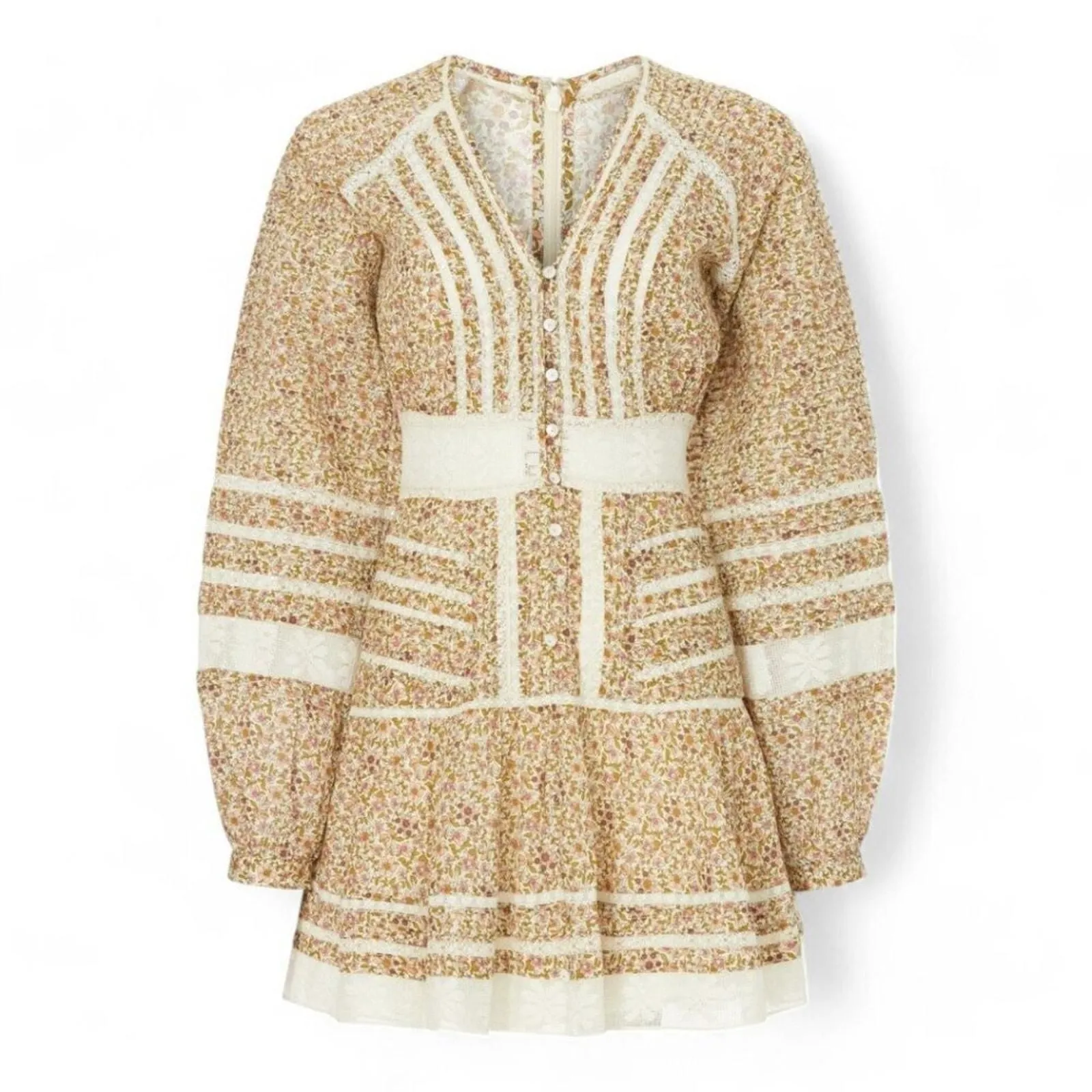 Product image for Veronica Beard Addilyn Floral Lace Trim Mini Dress Long Sleeve Beige Size 4 - new-without-tags - Veronica Beard