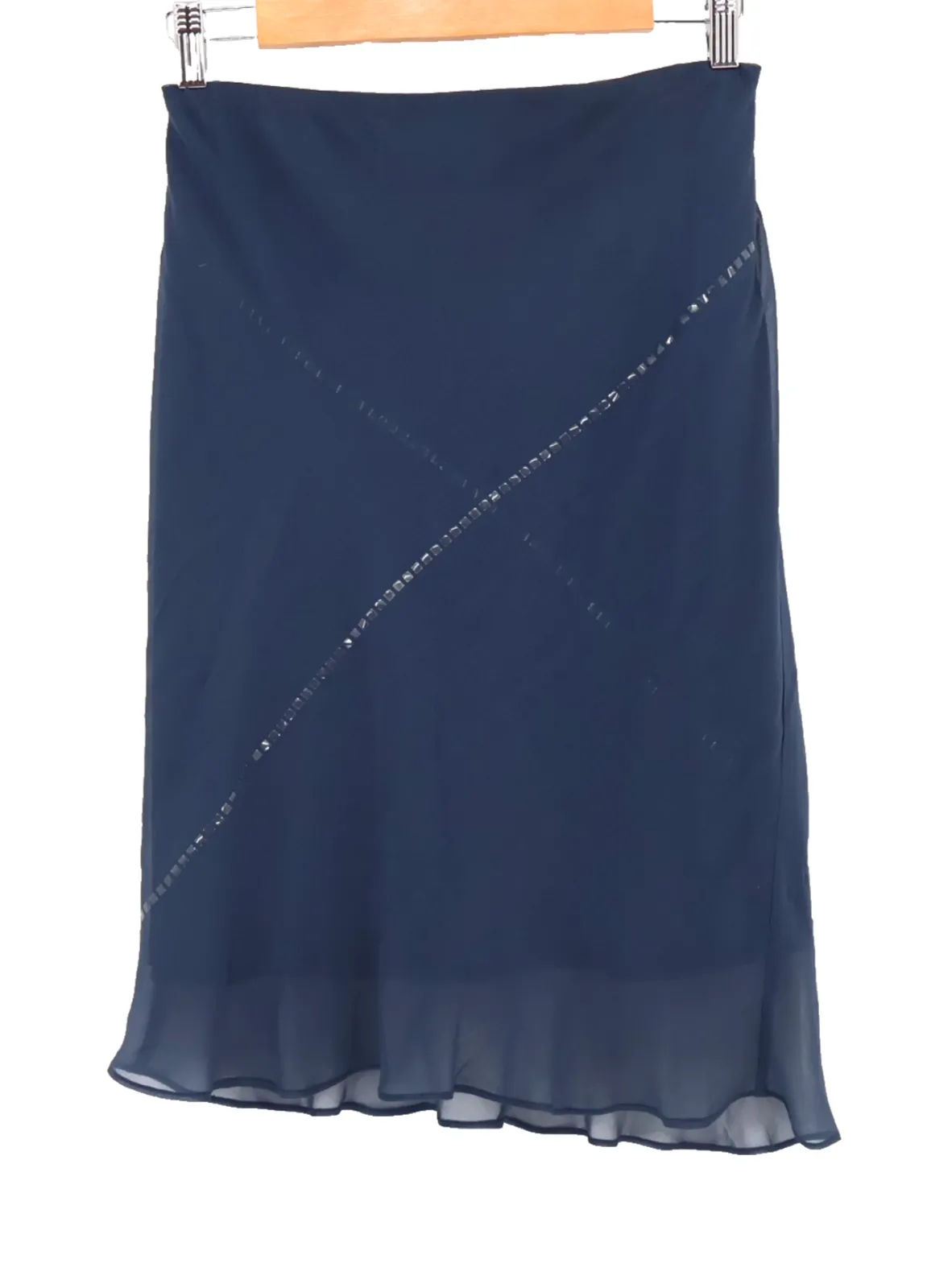 Product image for Silk Navy Blue Sequin Midi Skirt Chiffon Fairy Glam Party Elegant Minimal Size S - Max Studio