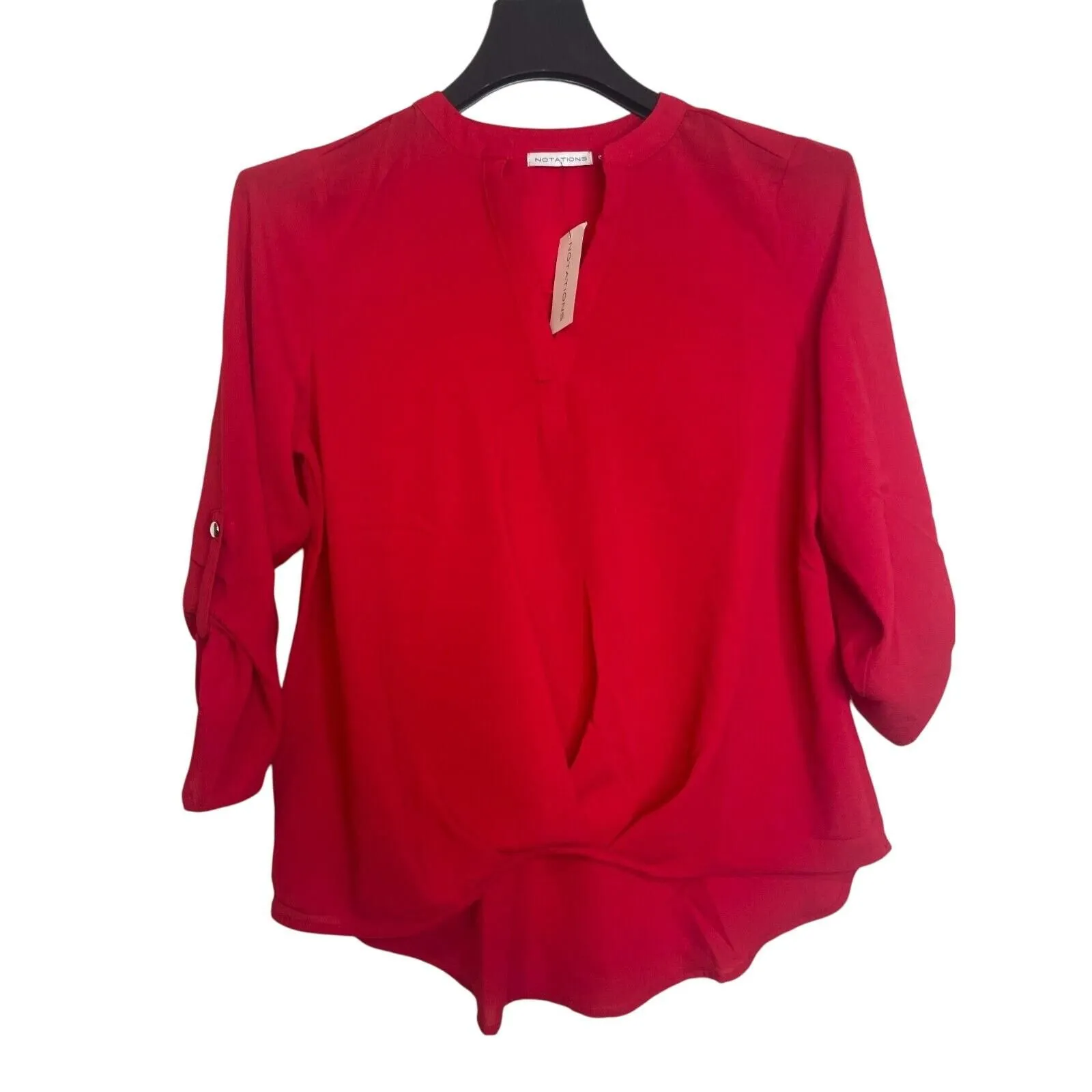 Product image for Notations Womens Split Neck Chiffon Blouse Roll Tab Sleeve Hi-Low Hem Size XL Red - new-without-tags - Notations