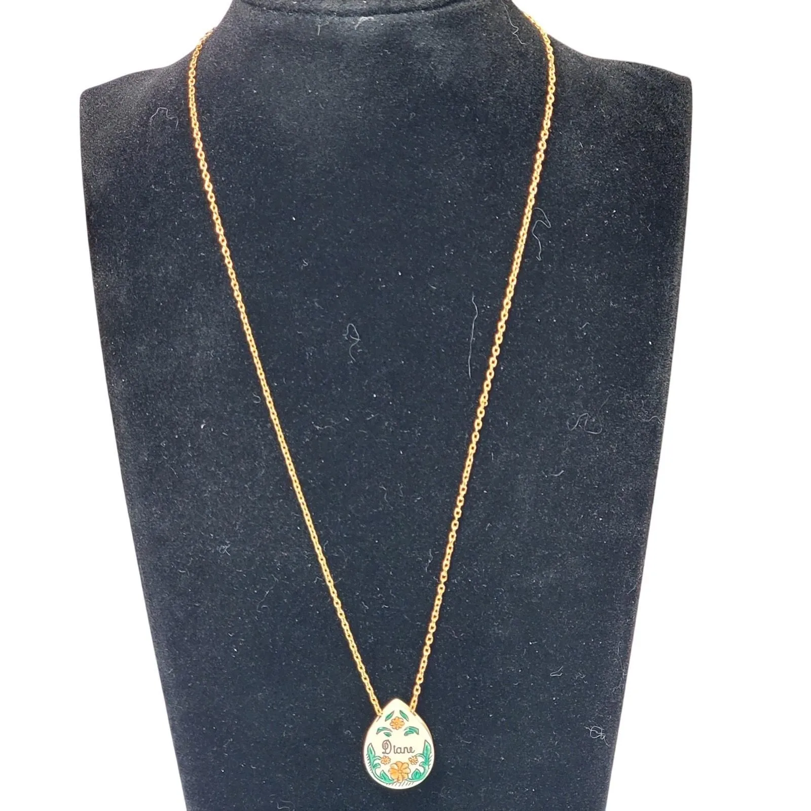 Product image for Dainty Name ID Necklace Diane Floral Carved Hand Painted 16" Minimalist Vtg - Necklace - 16" - pre-owned---excellent