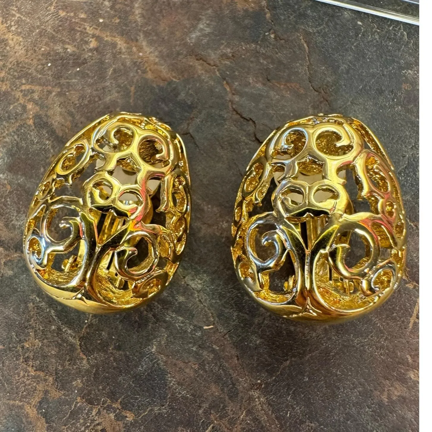 Product image for 723 YSL Vintage Baroque Arabesque Gold Egg Clip On Earrings Laurent