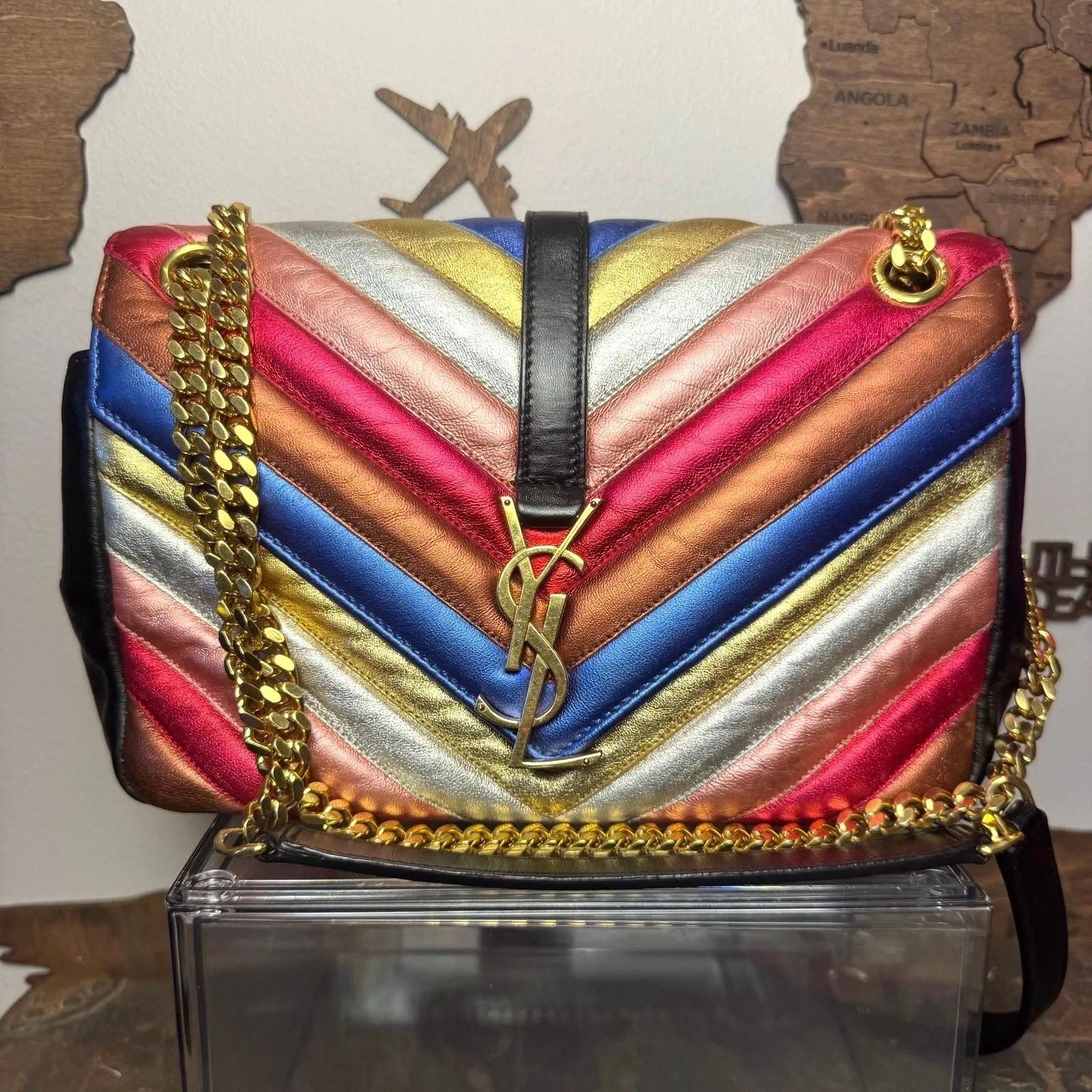 Product image for 701  YSL Chevron Metallic Multicolor Med College Satchel Flap Bag GHW 