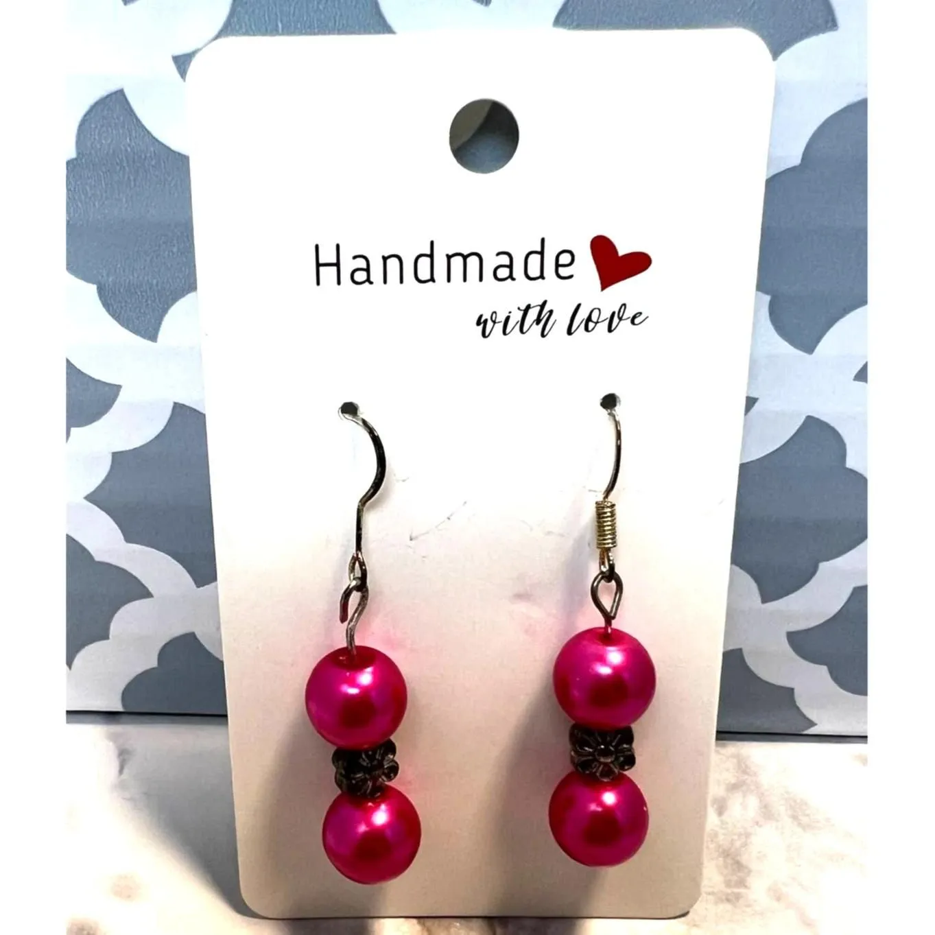 Product image for Handmade Magenta Pink & Flower Bead Drop Earrings New - Earring - new