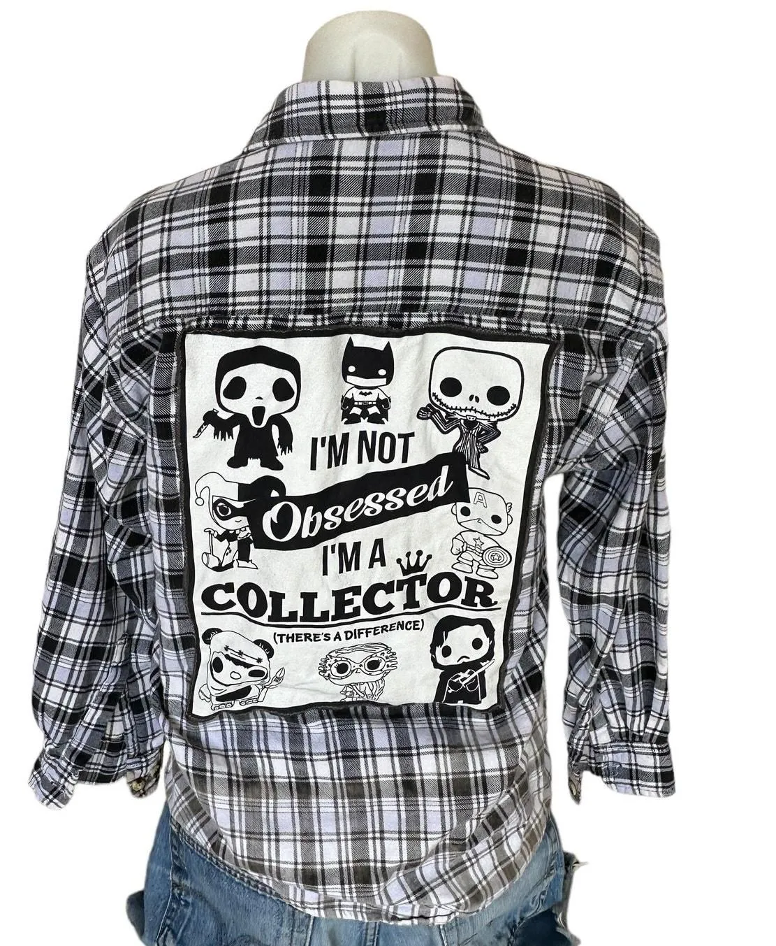 Product image for Funko Pop Collector Plaid Flannel Shirt Medium Oversize Upcycle Unique DC Comics - pre-owned---excellent - CheekyMontana