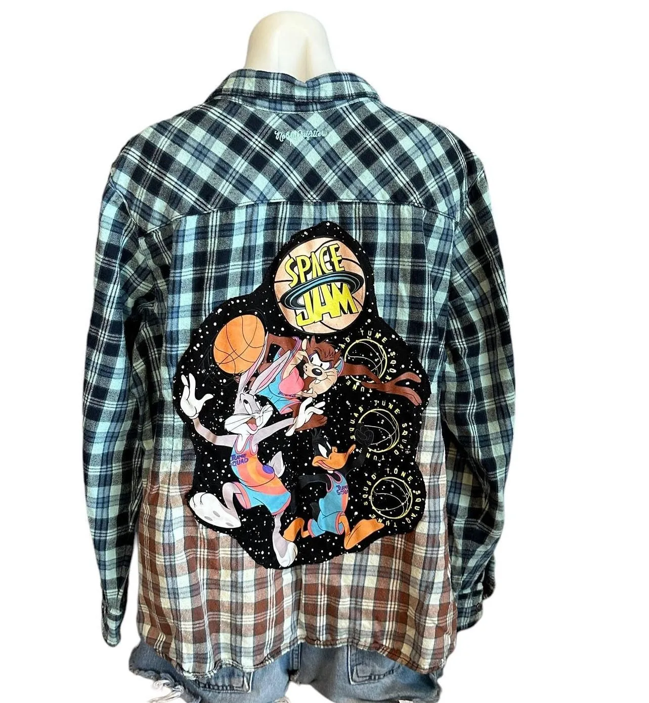 Product image for Space Jam Flannel Plaid Shirt 3XL Oversize One of Kind Blue Shacket Bugs Bunny - pre-owned---excellent - CheekyMontana