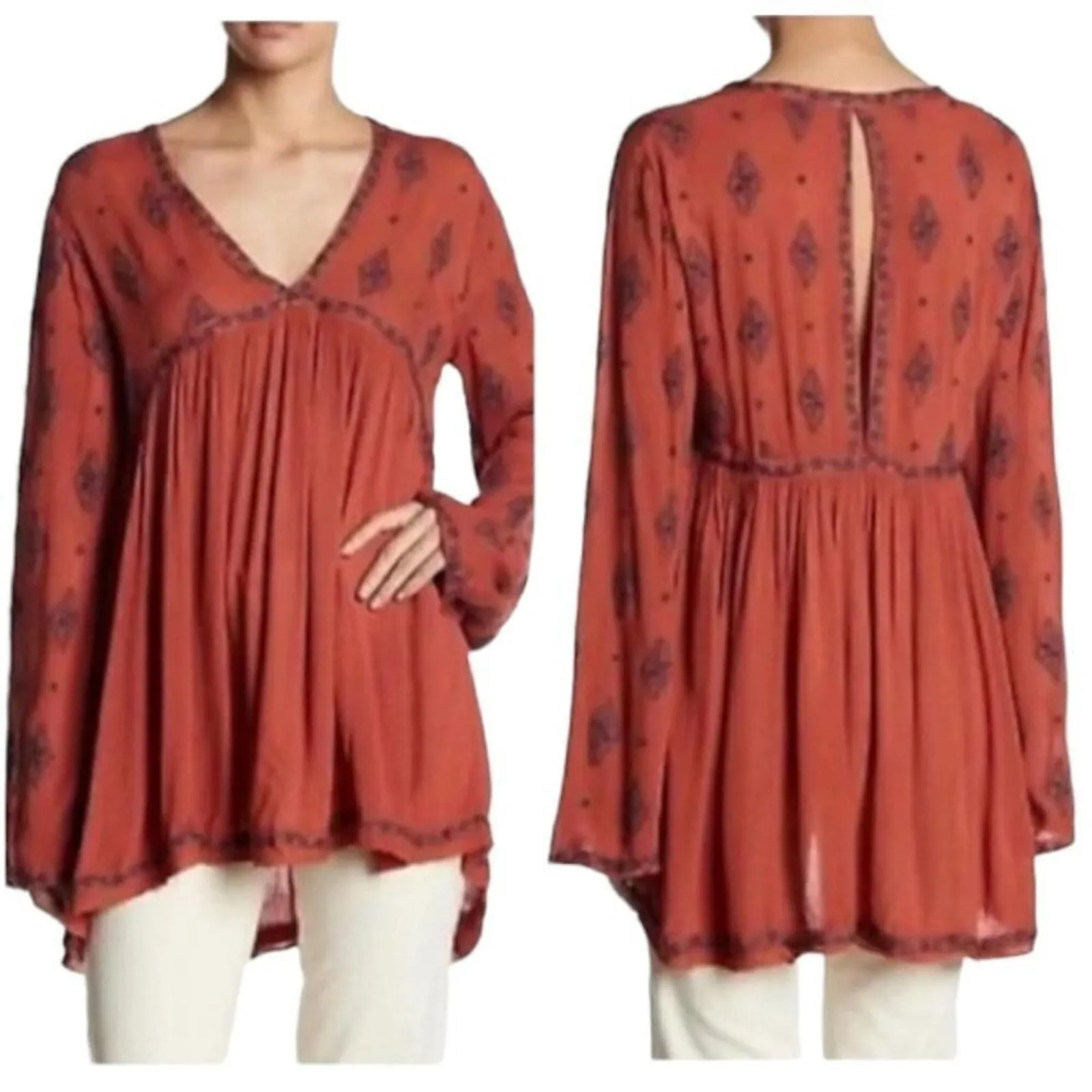 Product image for Free People Dark Orange Cinnamon V-Neck Embroidered Bell Sleeve Tunic Size XS - new-without-tags - Free People