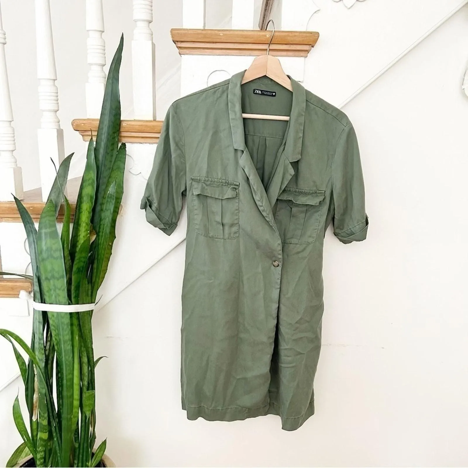 Product image for Zara Olive Green Notched Collar Short Sleeve Wrap Around Shirt Dress Size M - new-without-tags - Zara