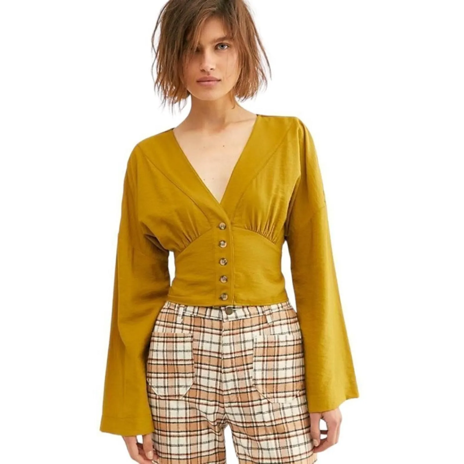 Product image for Free People Mustard Yellow Long Sleeve Smocked Forever Yours Cropped Top Size S - new-without-tags - Free People