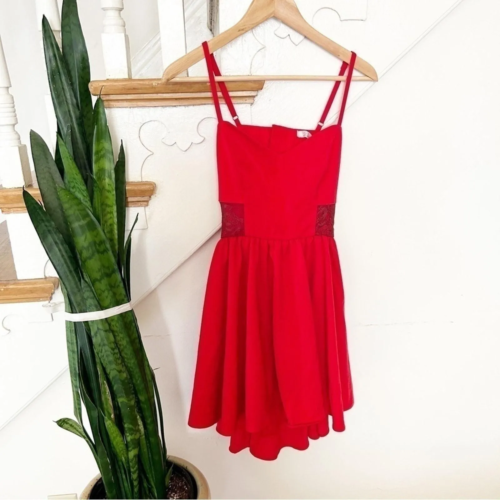Product image for Lovers + Friends Red Lace Panel Open Back Fit & Flare Mini Dress Size Medium - new-without-tags - Lovers + Friends