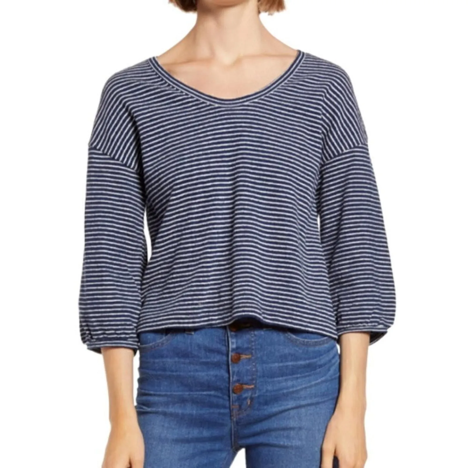 Product image for Madewell Blue White Cotton Wild Ginger V-Neck Bubble Sleeve Sweatshirt Size L - new-without-tags - Madewell