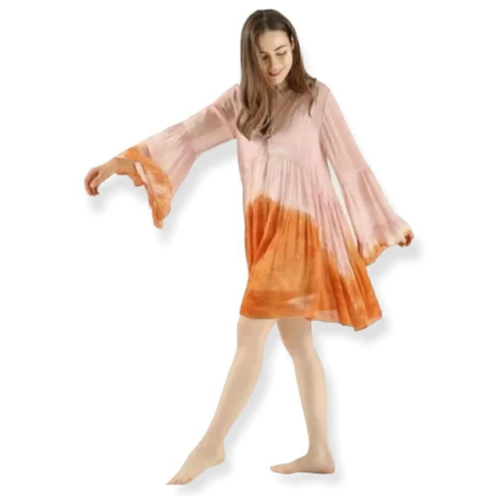 Product image for Young, Fabulous & Broke Pink & Orange V-Neck Bell Sleeve Tie Dye mini Dress M - new-without-tags - Young Fabulous & Broke