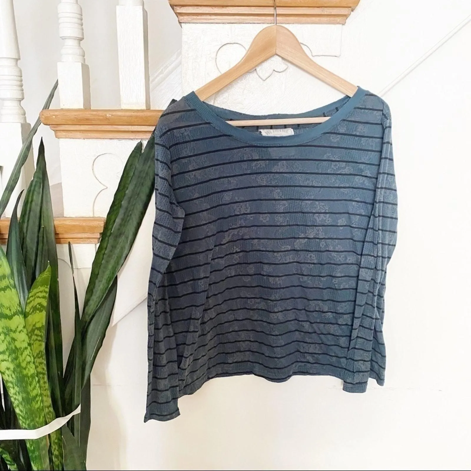 Product image for Free People Teal floral striped waffle knit blouse - new-without-tags - Free People