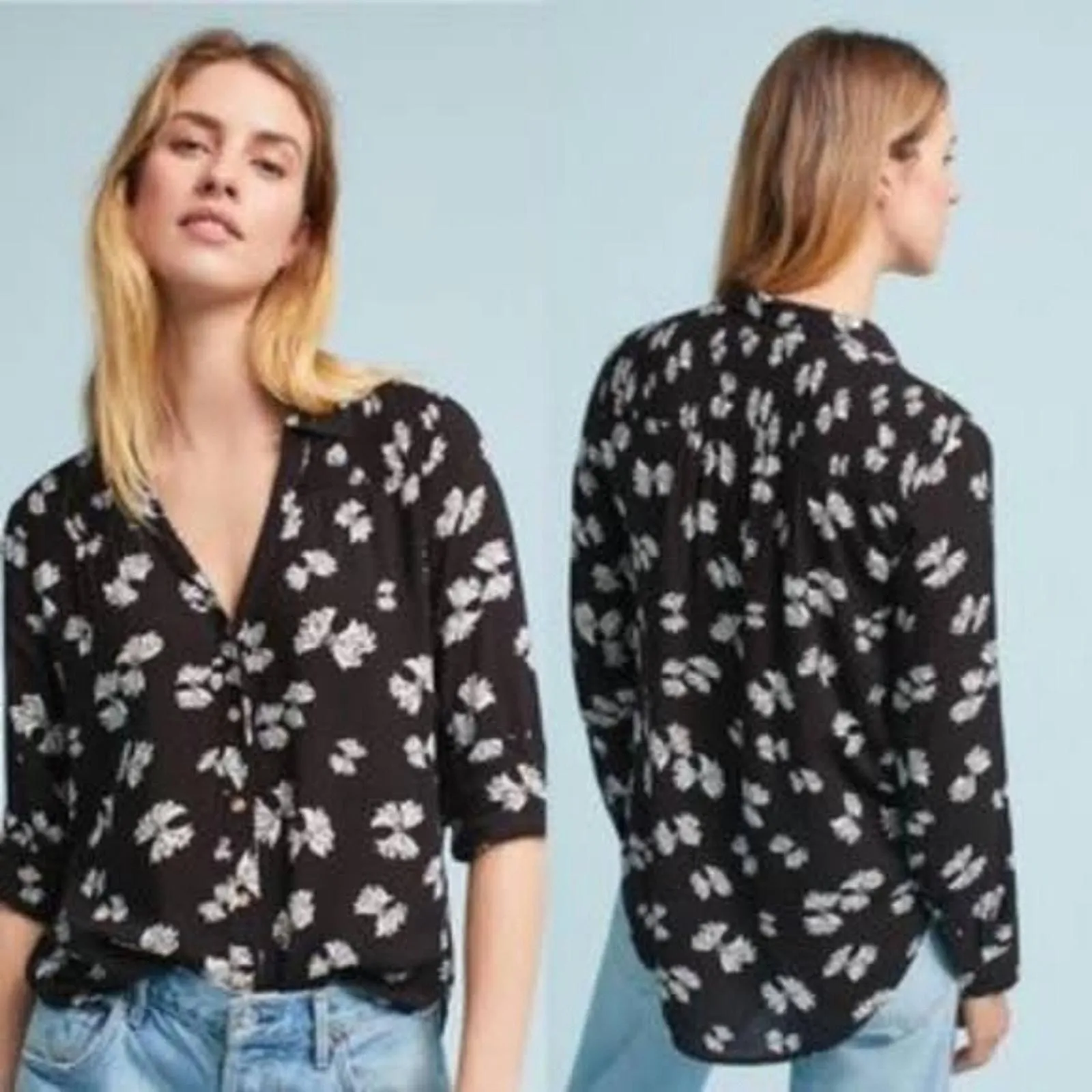 Product image for Maeve by Anthropologie Black & White Floral Print Emory Bow Blouse Size 2 - new-without-tags - Maeve