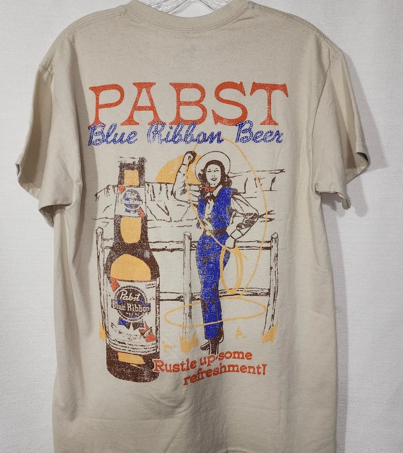 Product image for Pabst blue ribbon beer cowgirl men's medium shirt - new-without-tags - pabst beer
