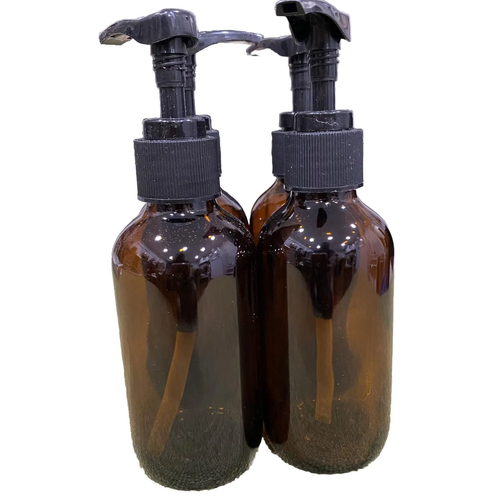 Product image for Amber Brown Glass Bottles with Lotion Pumps Empty 8 Ounce New In Box Lot Of 4