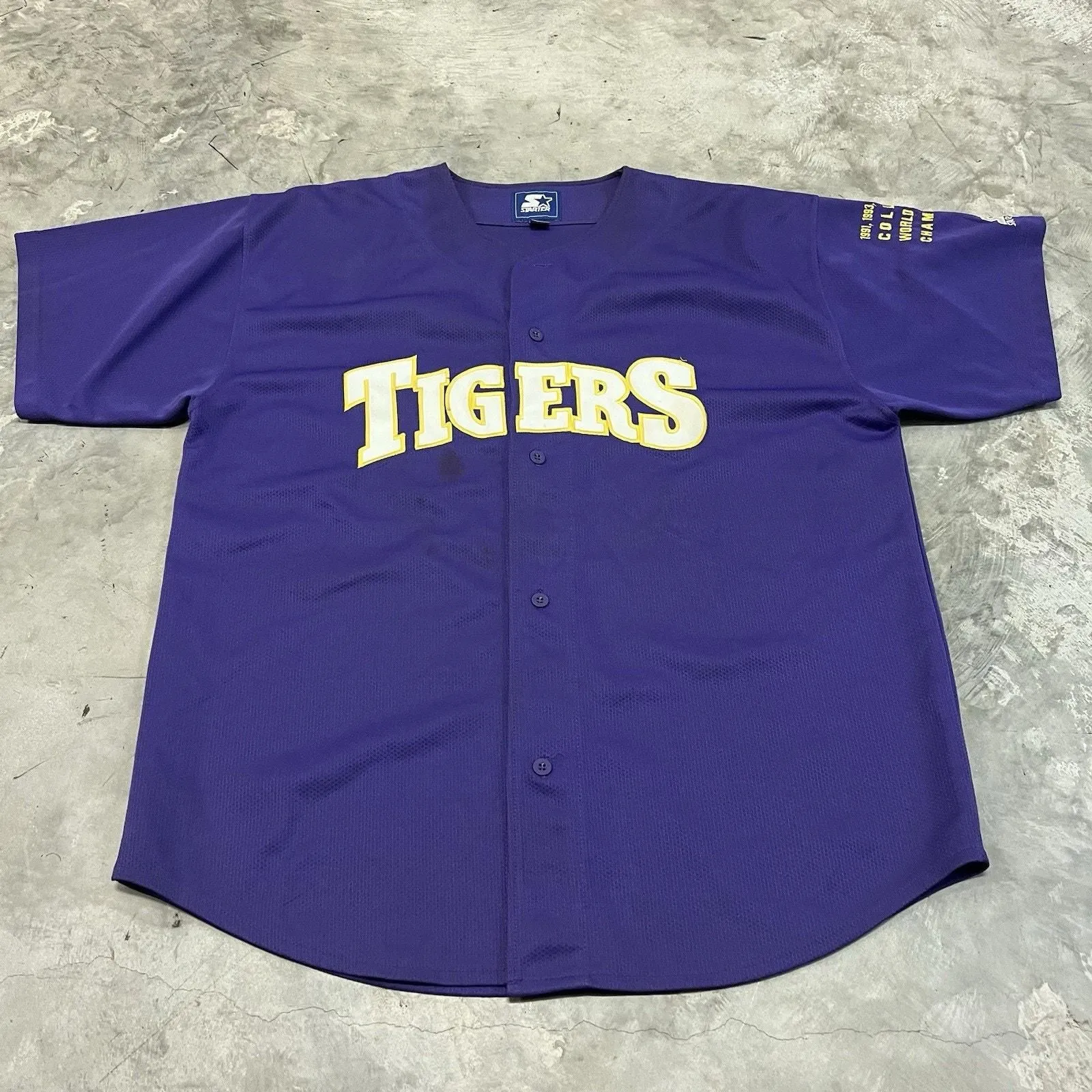 Product image for Starter LSU TIGERS Vtg 1990s y2k Championship Sleeve Baseball Jersey 2XL READ DE - Starter