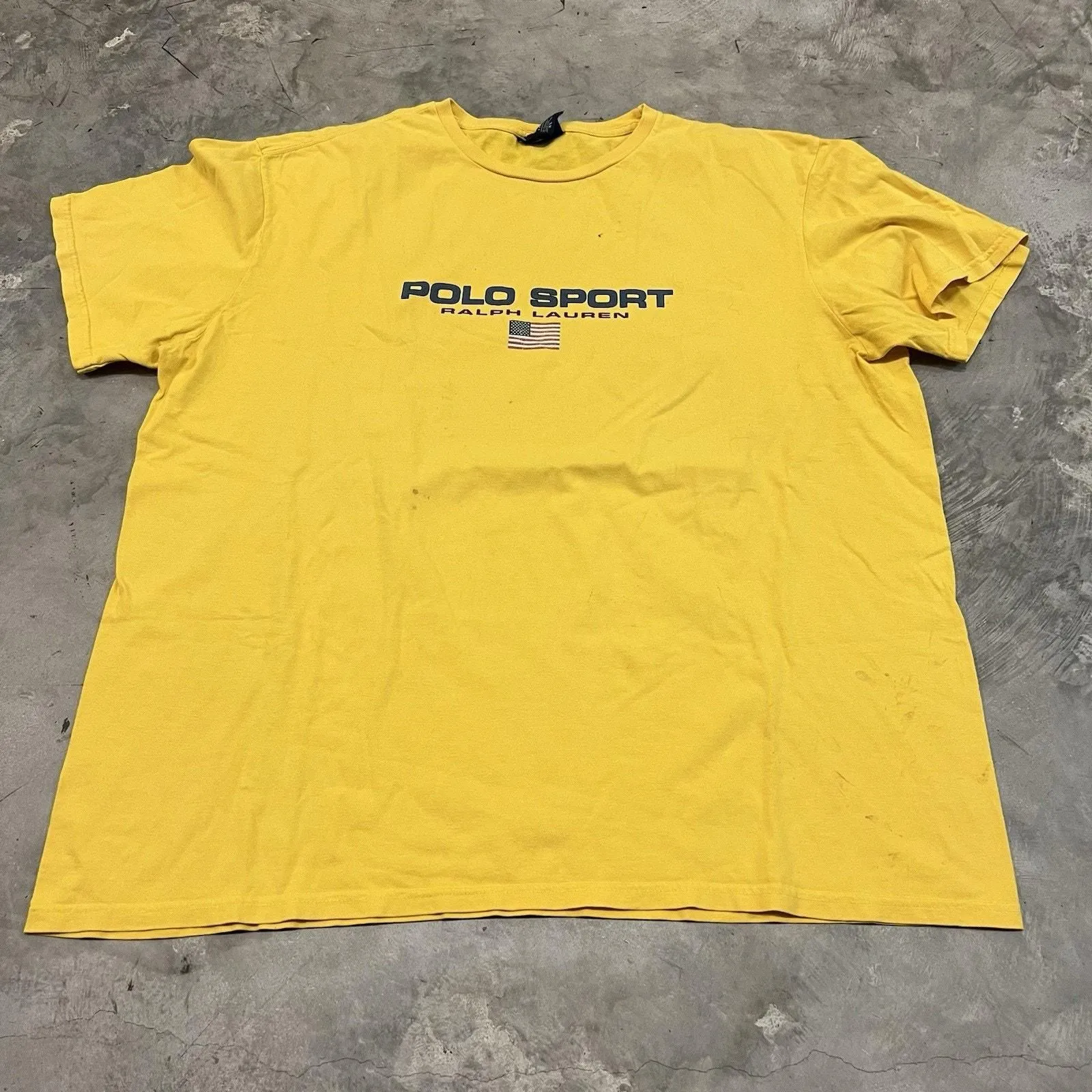Product image for Vintage Polo Sport Ralph Lauren Shirt Yellow Y2K Spell Out USA Flag Fit Size XL - Ralph Lauren