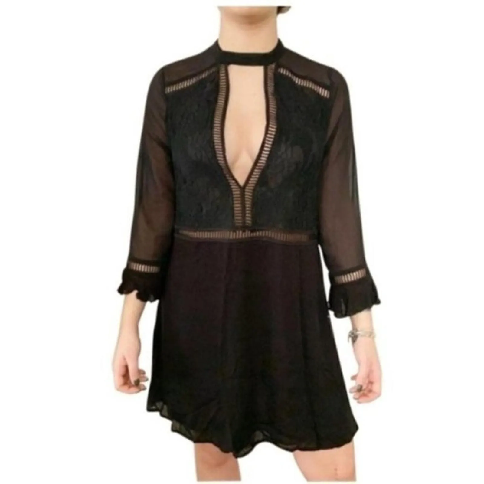 Product image for TOBI black lace mini dress long sleeves v-neck  M - new-with-tags - Tobi