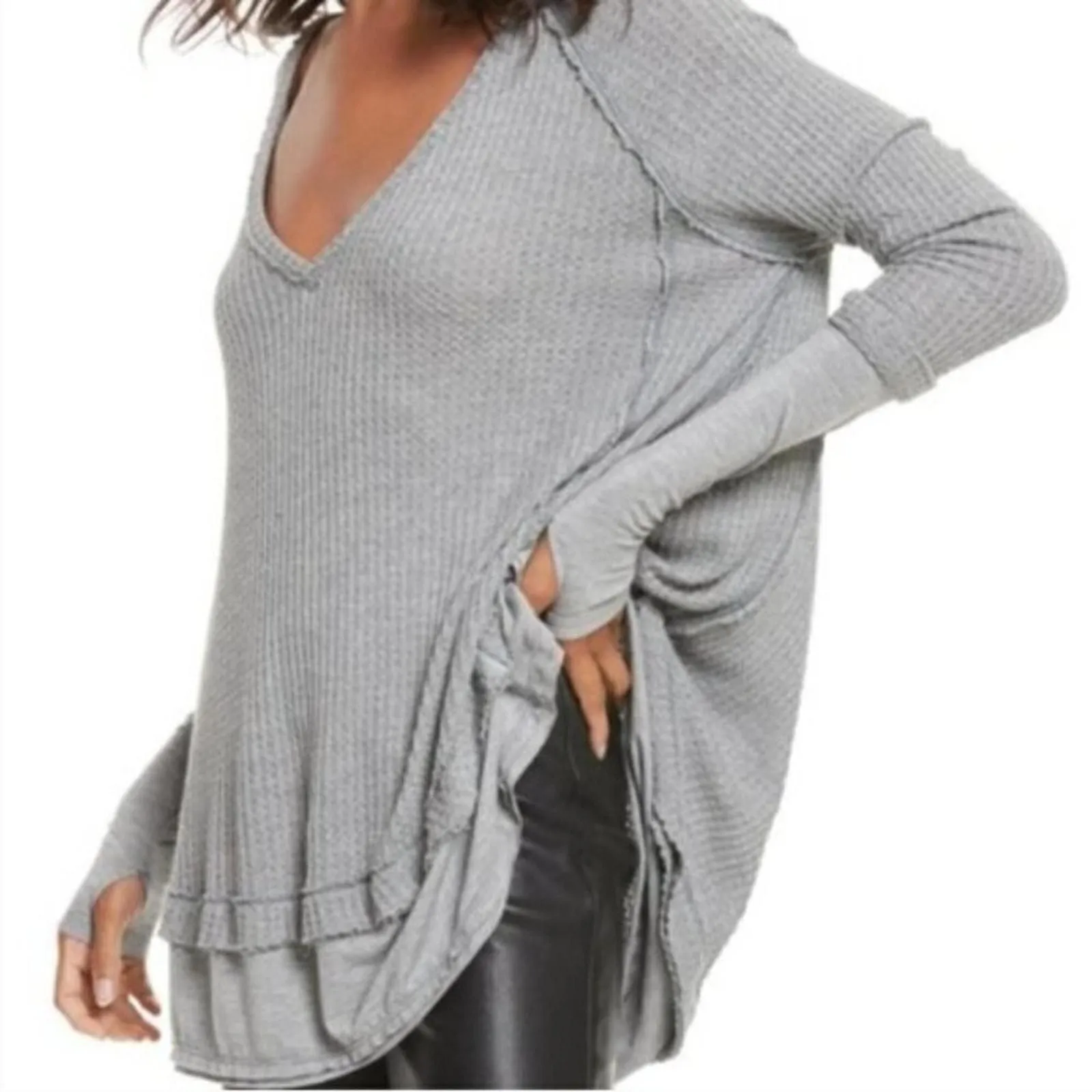 Product image for Free People We The Free Gray Long Sleeve V-Neck Waffle Knit Pullover Top Size XS - new-without-tags - We The Free