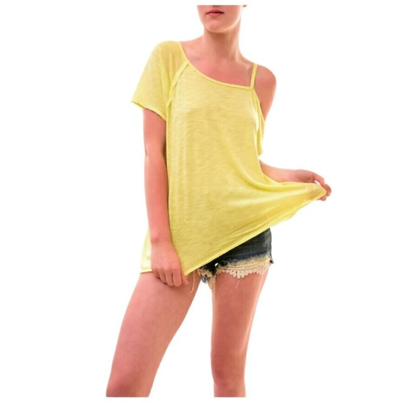 Product image for Free People We The Free Women's Yellow One Cold Shoulder Coraline Tee Size Small - new-without-tags - Free People