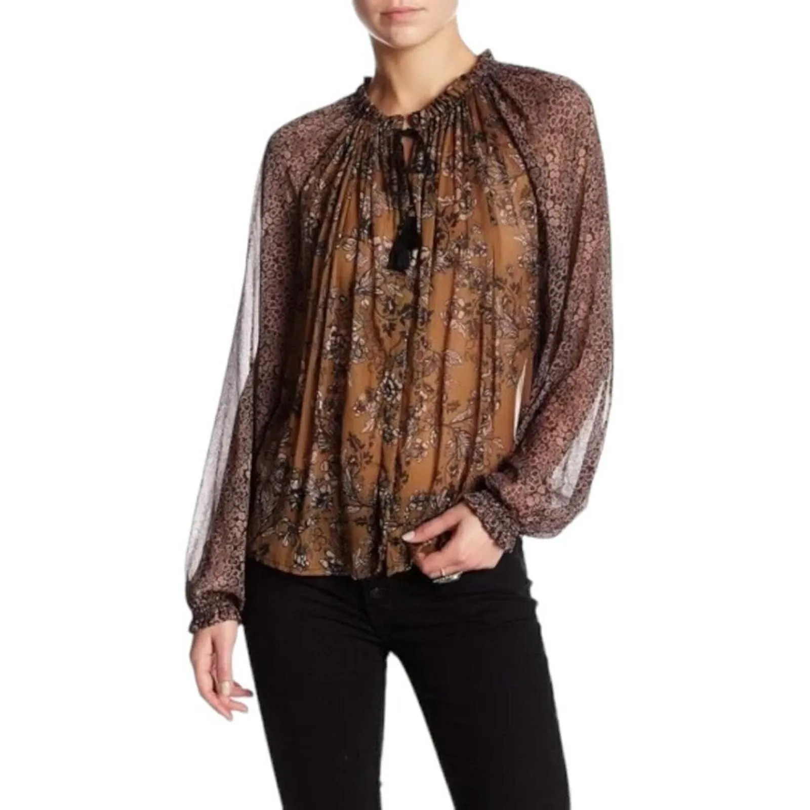 Product image for NWT Free People Hendrix Brown Black Sheer Boho Tassel Peasant Top Blouse Size S - new-with-tags - Free People