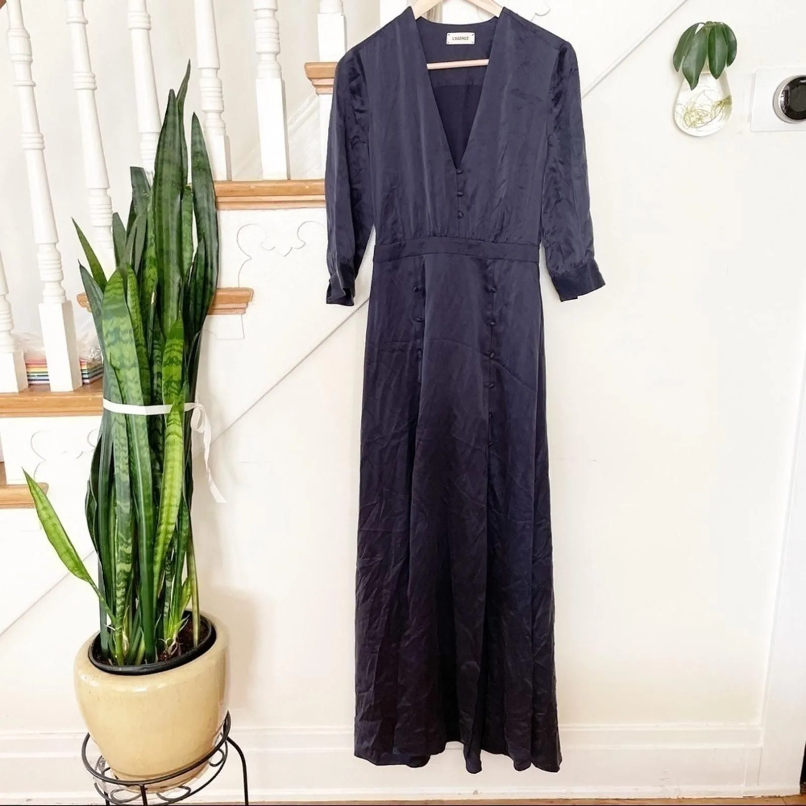 Product image for L'AGENCE Blue V-Neck Button-Down 3/4 Sleeve Maxi Dress Size X-Small - new-without-tags - L'AGENCE