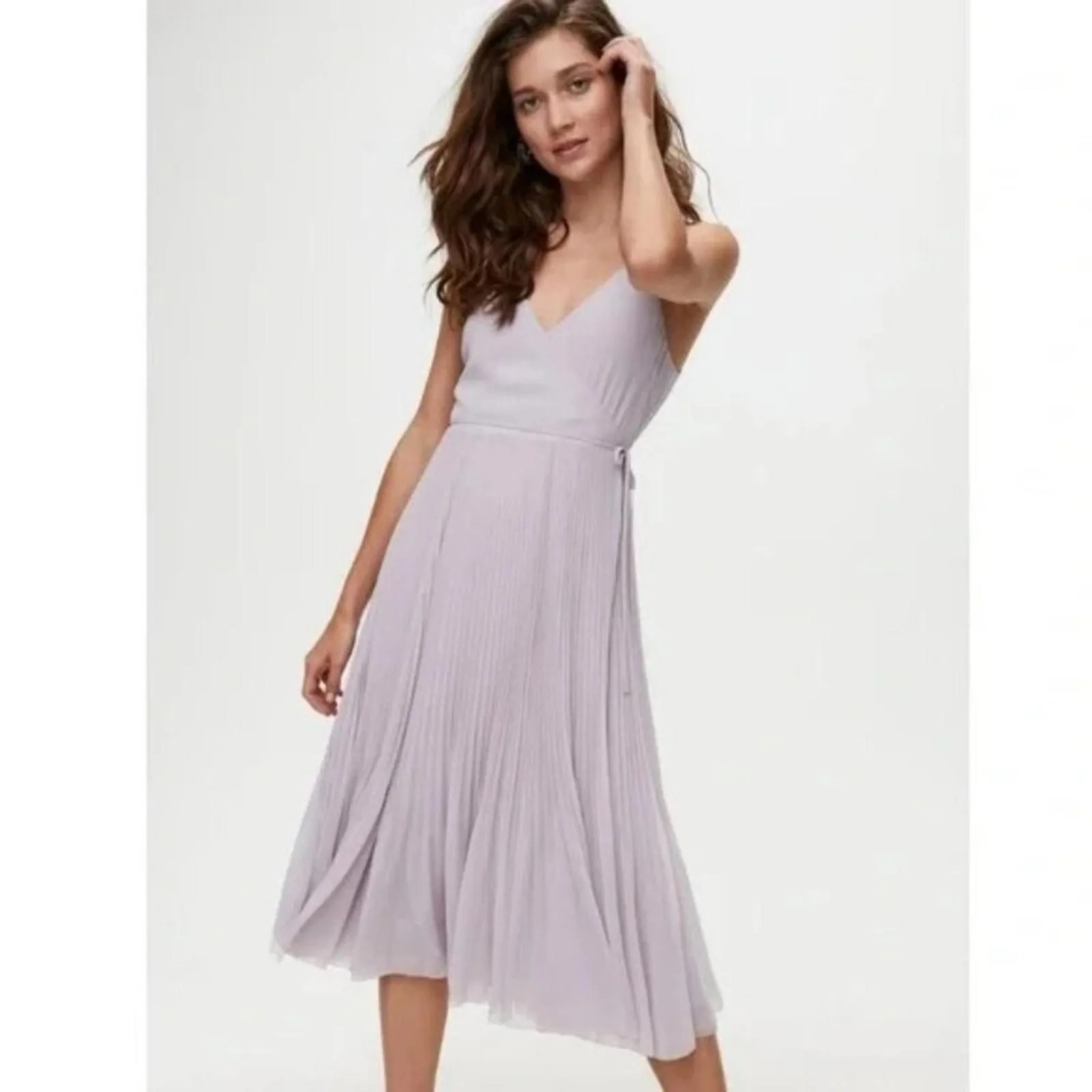 Product image for Aritzia Wilfred Beaune Wrap Midi Dress Pleated V-Neck Lavender Lilac Size XS - new-without-tags - Aritzia