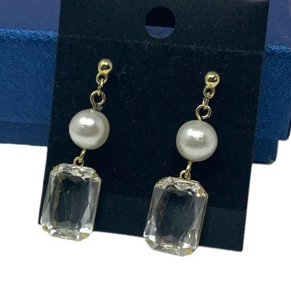 Product image for Vintage Clear Stone Faux Pearl Dangle Post Earrings