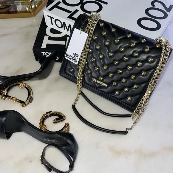 Product image for Love Moschino Black Borsa Matt Nappa Pu Nero Quilted Heart Studded Handbang