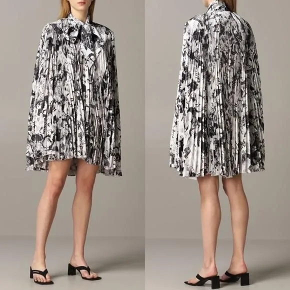 Product image for Balenciaga Pleated Newspaper Print Satin Cape Mini Dress In Black/White