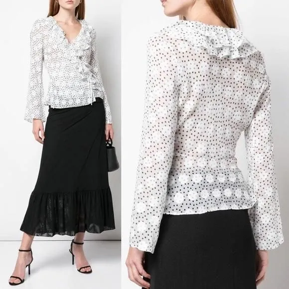 Product image for SALONI Iman V Neck Polka Dot Silk Blend Sheer Top In White/Black