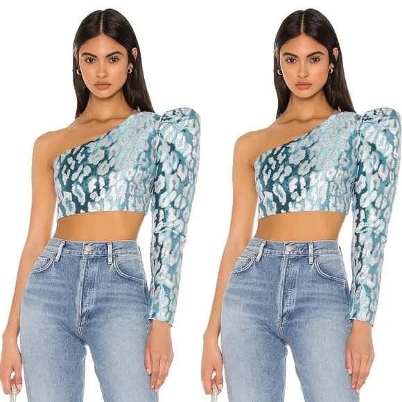 Product image for NBD Eris One Shoulder Top in Blue & Silver