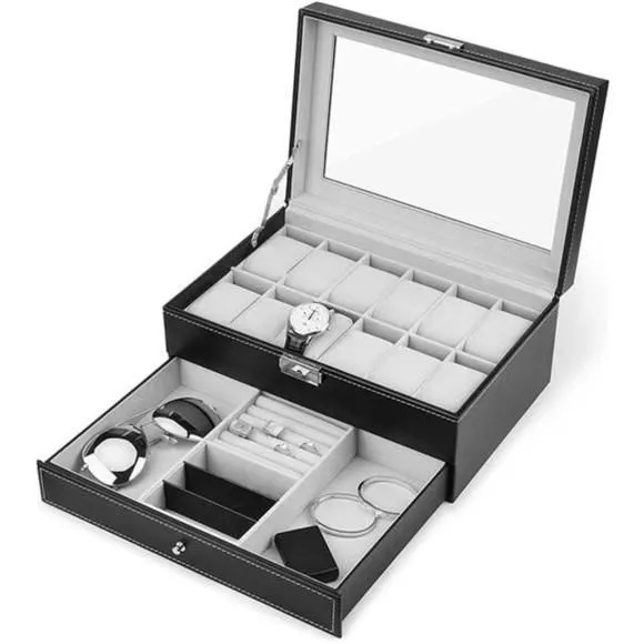 Product image for Watch Box, 12 Slots PU Leather Case Organizer with Jewelry Drawer